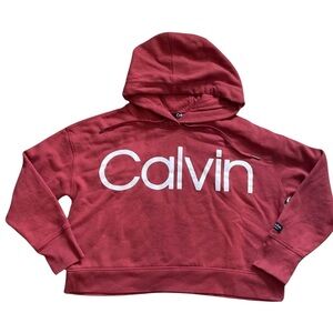 Calvin Klein Women Crop Red Hoodie Calvin Graphic Sweatshirt Size Large